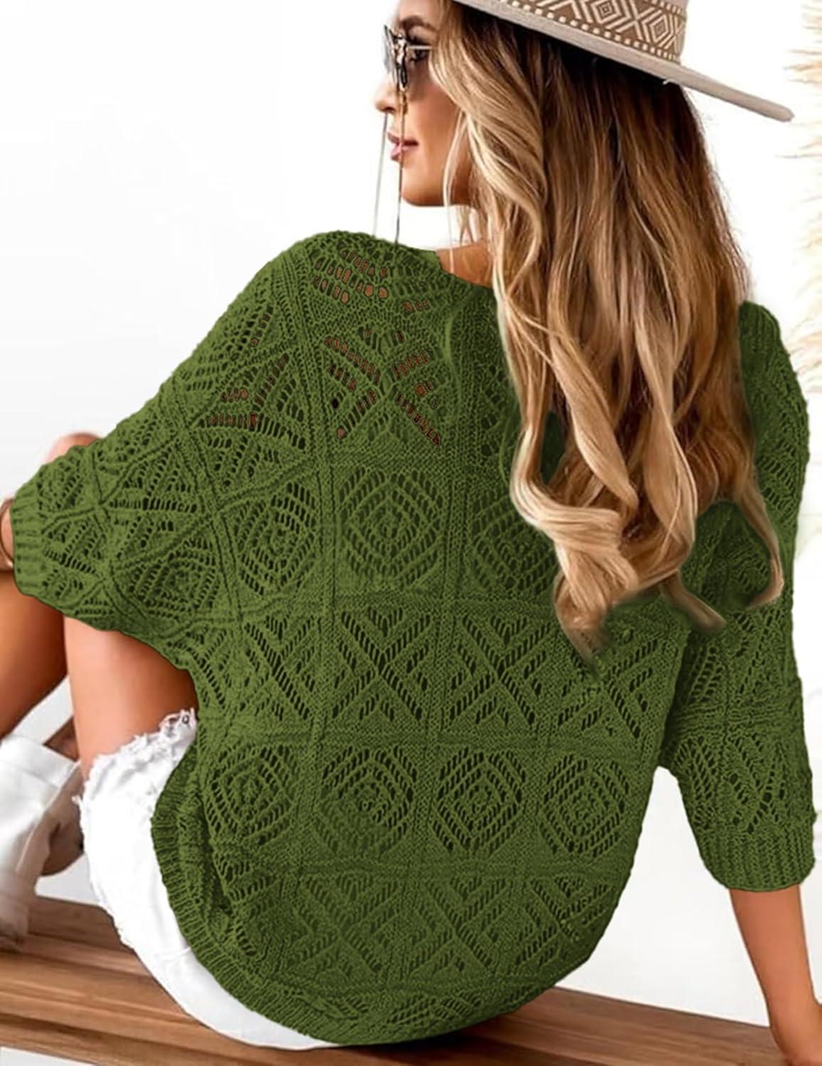 imageZeagoo Womens Summer Crochet Off The Shoulder Hollow Out Knit Tops 2025 V Neck 34 Sleeve Sweater TopArmy Green