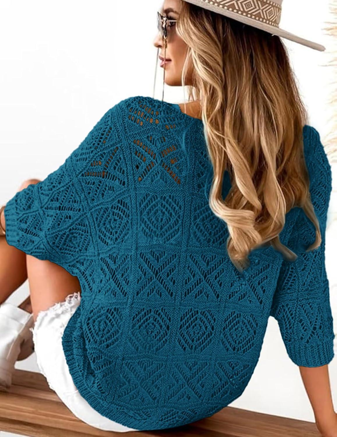 imageZeagoo Womens Summer Crochet Off The Shoulder Hollow Out Knit Tops 2025 V Neck 34 Sleeve Sweater TopCyan