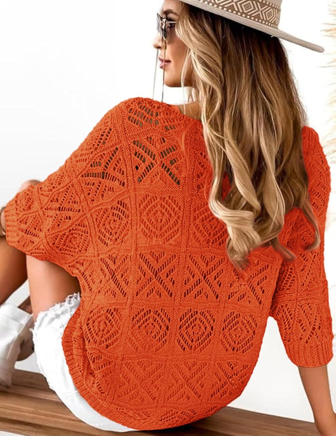 imageZeagoo Womens Summer Crochet Off The Shoulder Hollow Out Knit Tops 2025 V Neck 34 Sleeve Sweater TopOrange