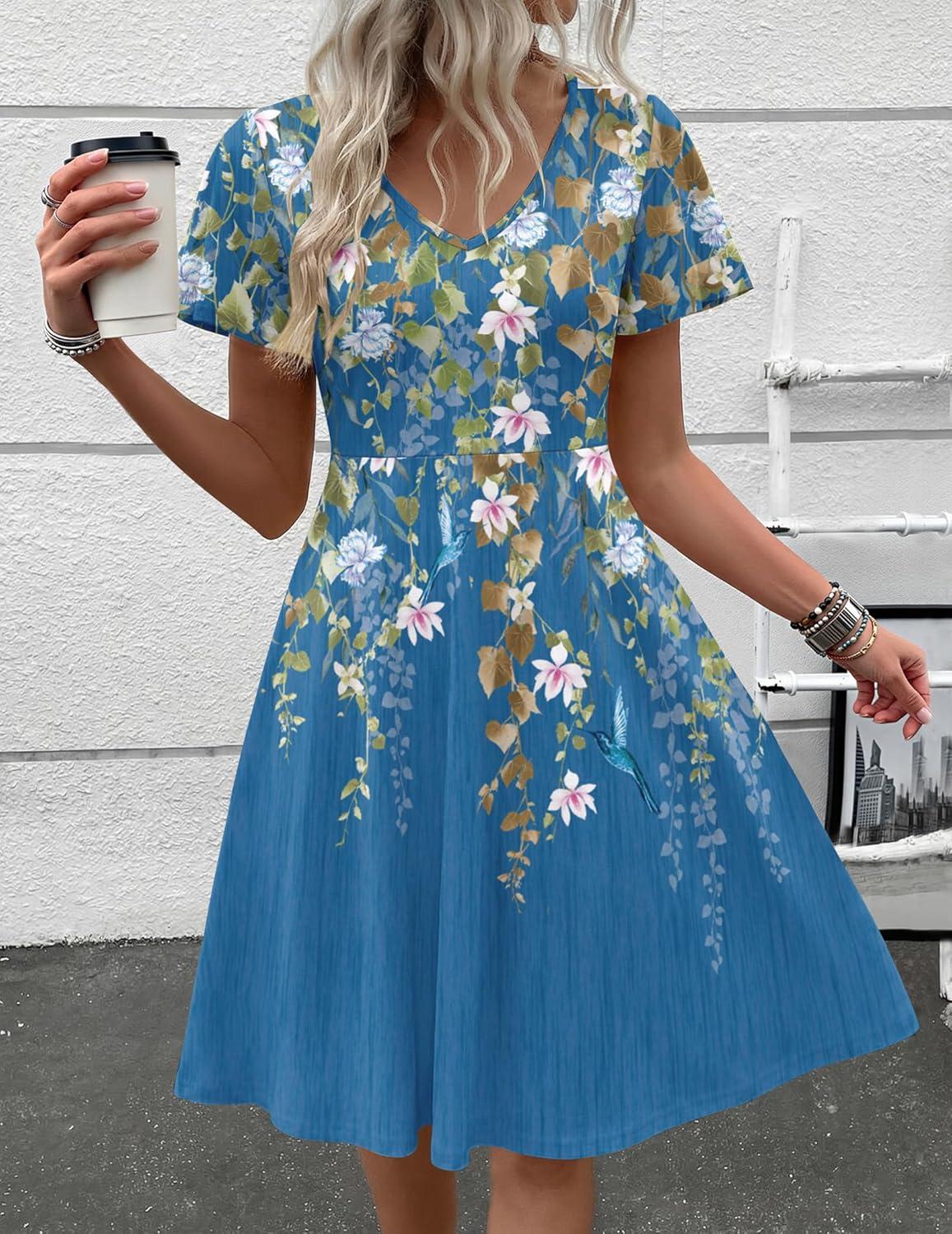 imageZeagoo Womens Summer Dress Casual Swing Floral Ruffle Short Sleeve Sundresses Beach Mini Aline Shift Dress 2026 with PocketsBlue Sf223