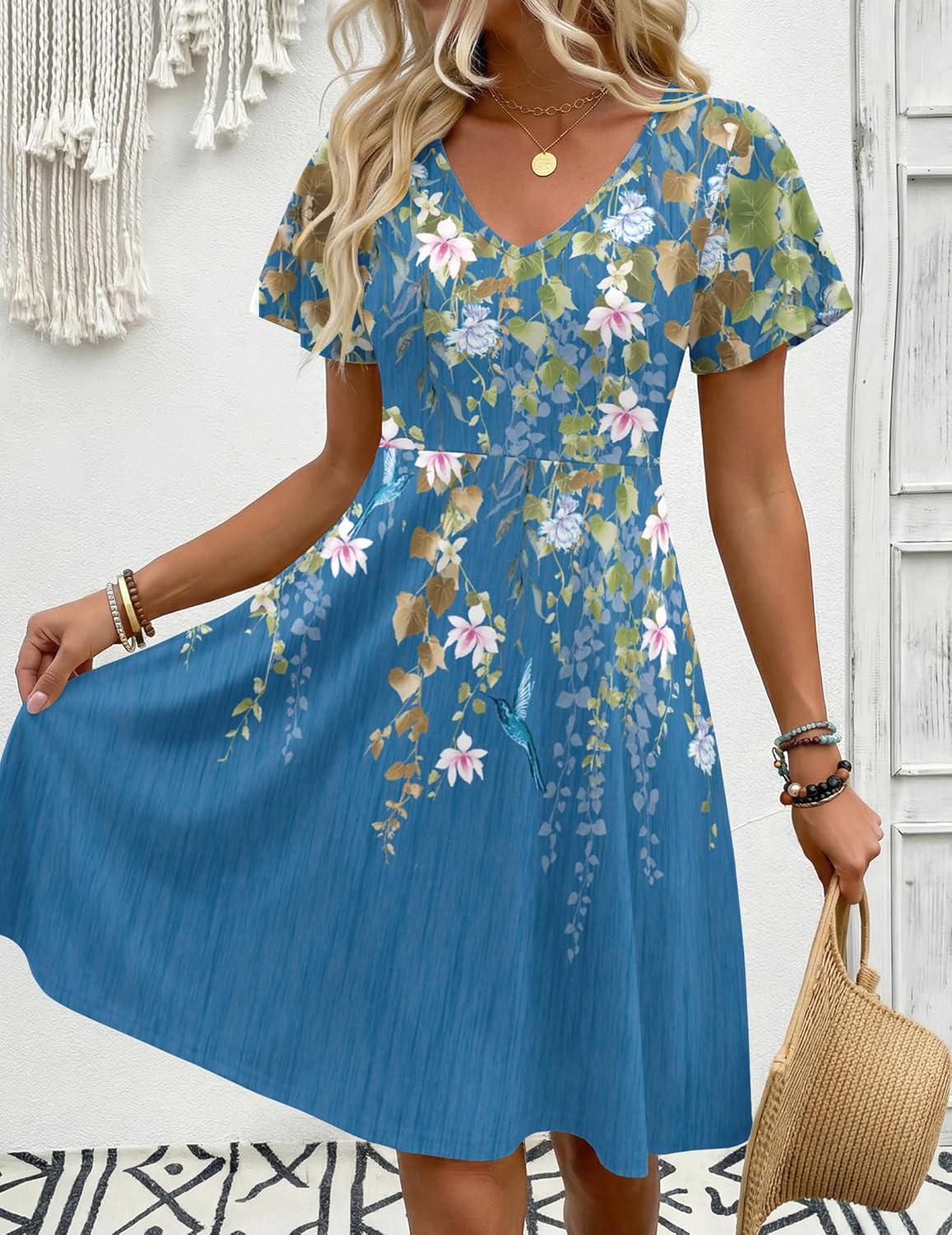 imageZeagoo Womens Summer Dress Casual Swing Floral Ruffle Short Sleeve Sundresses Beach Mini Aline Shift Dress 2026 with PocketsBlue Sf223
