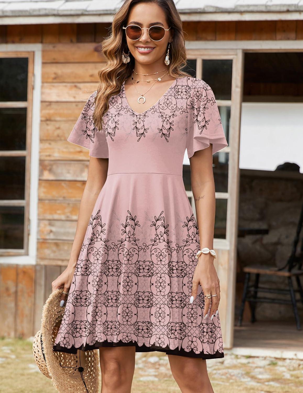 imageZeagoo Womens Summer Dress Casual Swing Floral Ruffle Short Sleeve Sundresses Beach Mini Aline Shift Dress 2026 with PocketsPink Sf292