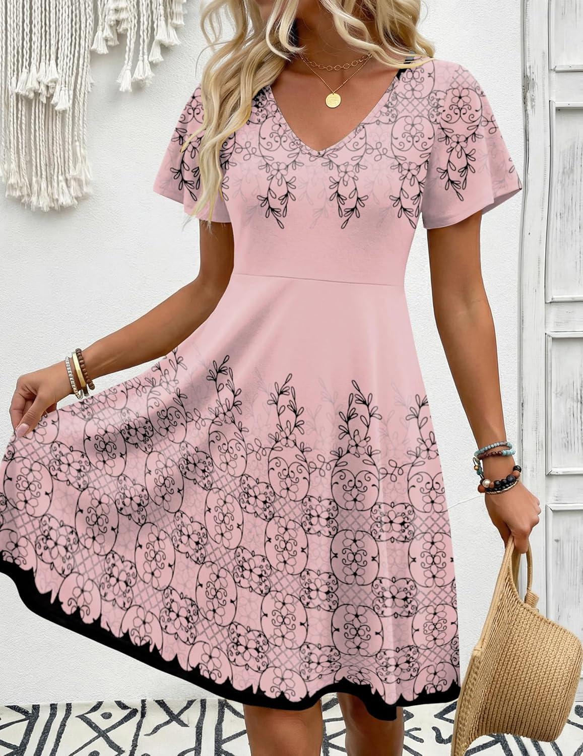 imageZeagoo Womens Summer Dress Casual Swing Floral Ruffle Short Sleeve Sundresses Beach Mini Aline Shift Dress 2026 with PocketsPink Sf292
