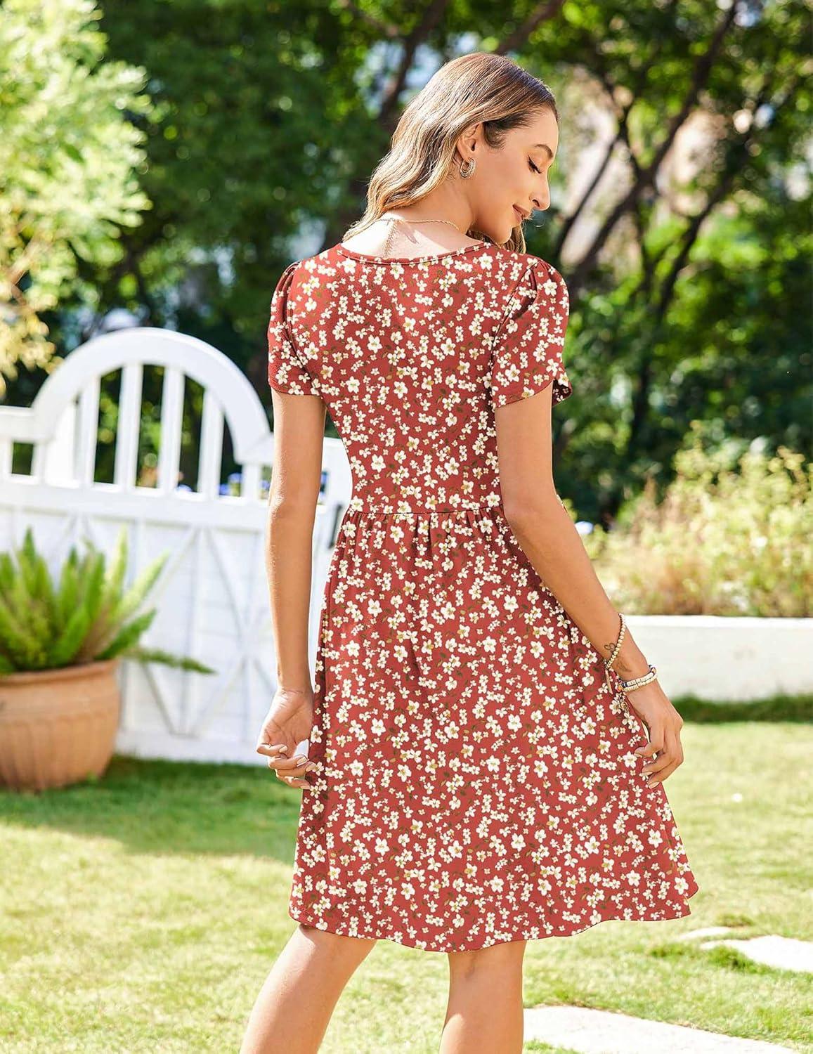 imageZeagoo Womens Summer Dress Mini Petal Short Sleeve Dresses Pleated Button Down V Neck Floral Beach Swing Vacation Dress 202501floral Red White