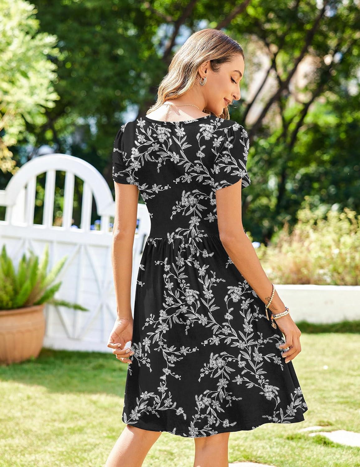 imageZeagoo Womens Summer Dress Mini Petal Short Sleeve Dresses Pleated Button Down V Neck Floral Beach Swing Vacation Dress 2025Floral Black