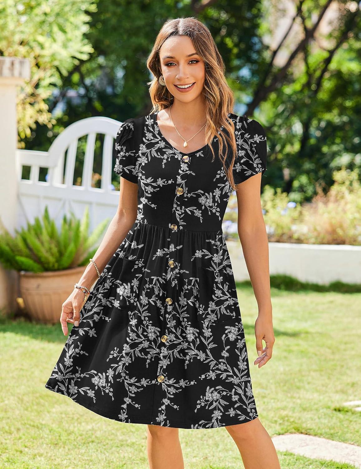 imageZeagoo Womens Summer Dress Mini Petal Short Sleeve Dresses Pleated Button Down V Neck Floral Beach Swing Vacation Dress 2025Floral Black