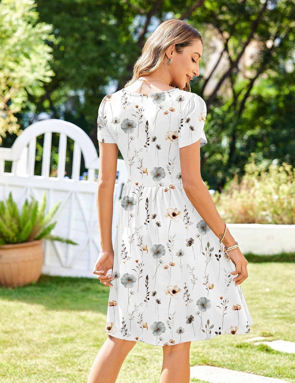 imageZeagoo Womens Summer Dress Mini Petal Short Sleeve Dresses Pleated Button Down V Neck Floral Beach Swing Vacation Dress 2025Floral White
