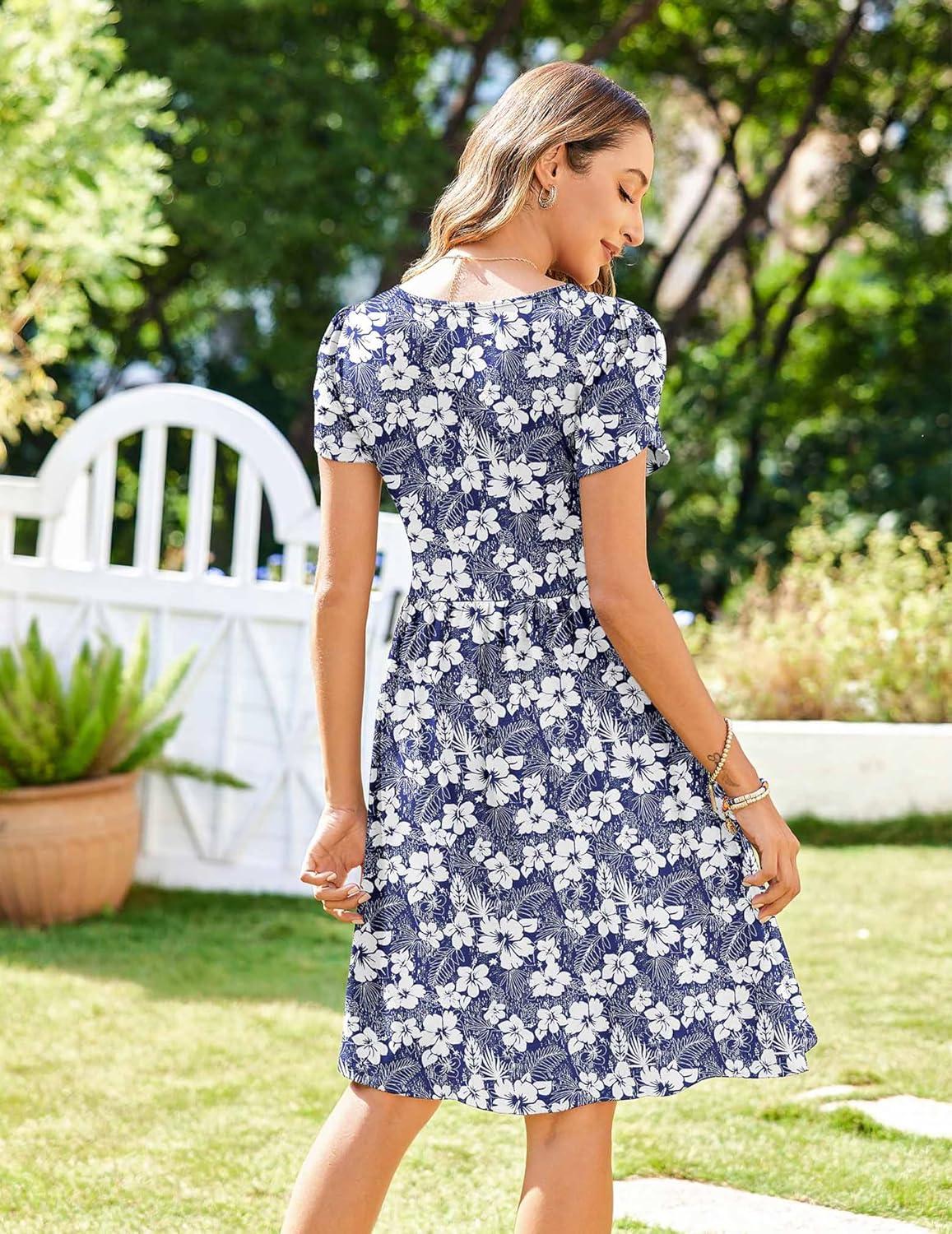 imageZeagoo Womens Summer Dress Mini Petal Short Sleeve Dresses Pleated Button Down V Neck Floral Beach Swing Vacation Dress 2025Floral White Blue