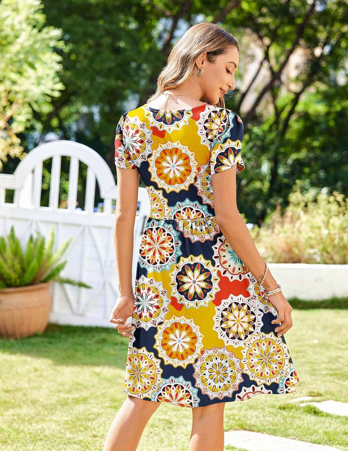 imageZeagoo Womens Summer Dress Mini Petal Short Sleeve Dresses Pleated Button Down V Neck Floral Beach Swing Vacation Dress 2025Picture434