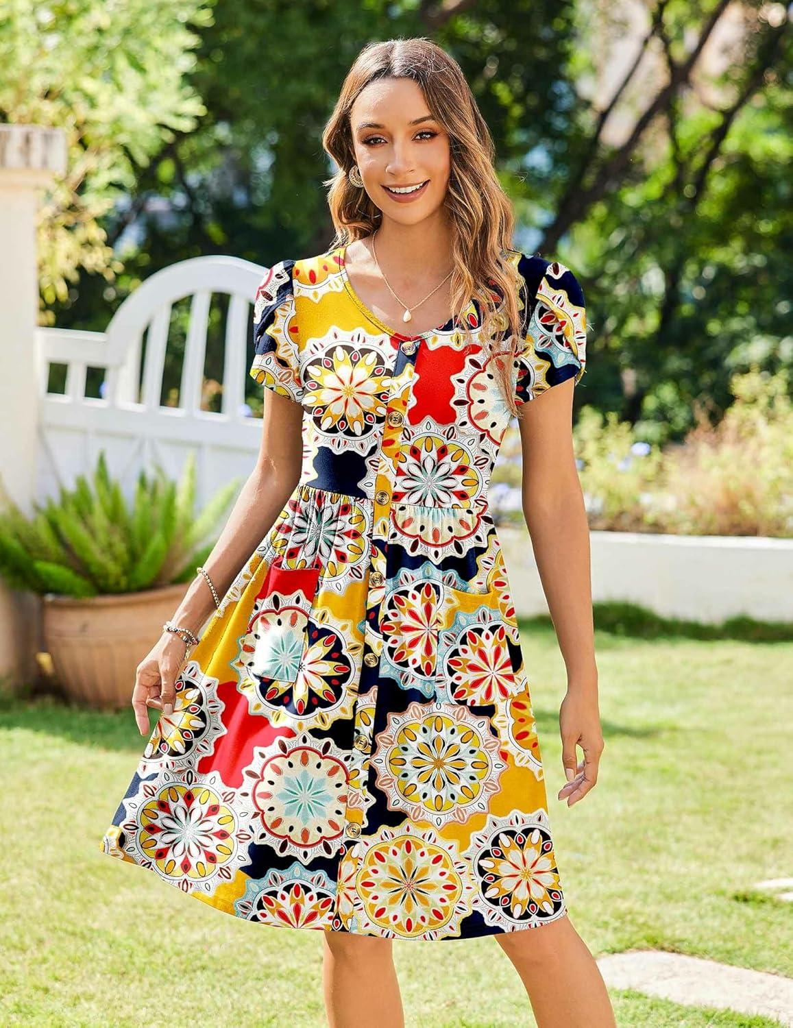 imageZeagoo Womens Summer Dress Mini Petal Short Sleeve Dresses Pleated Button Down V Neck Floral Beach Swing Vacation Dress 2025Picture434