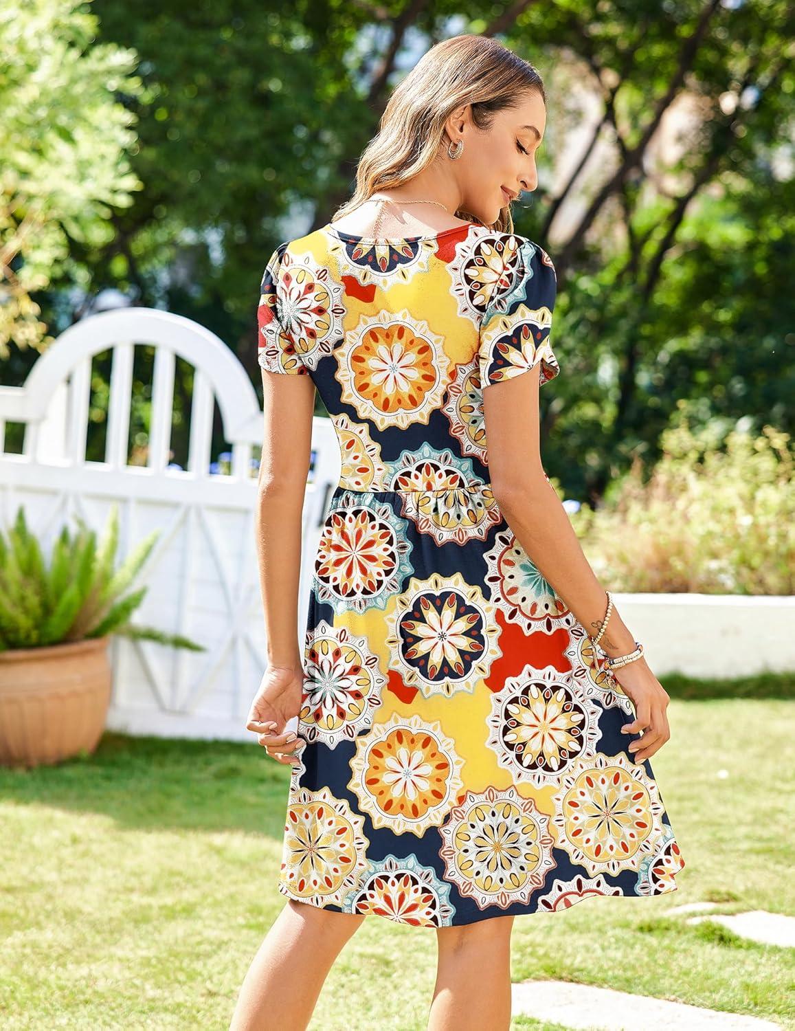 imageZeagoo Womens Summer Dress Mini Petal Short Sleeve Dresses Pleated Button Down V Neck Floral Beach Swing Vacation Dress 2025Picture434
