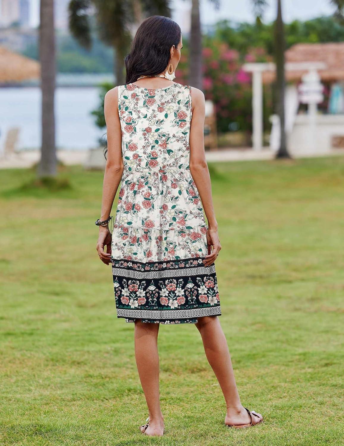 imageZeagoo Womens Summer Sundress Boho Floral Casual Tank Dresses with Pockets Sleeveless Tiered Swing A Line Beach DressBeige Red Floral