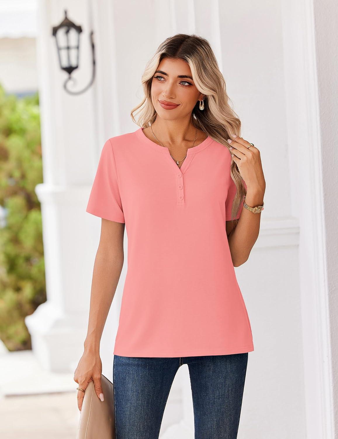 imageZeagoo Womens Summer Tops V Neck Short Sleeve Shirts Dressy Casual Blouse Spring Vacation Tshirts ClothesCoral