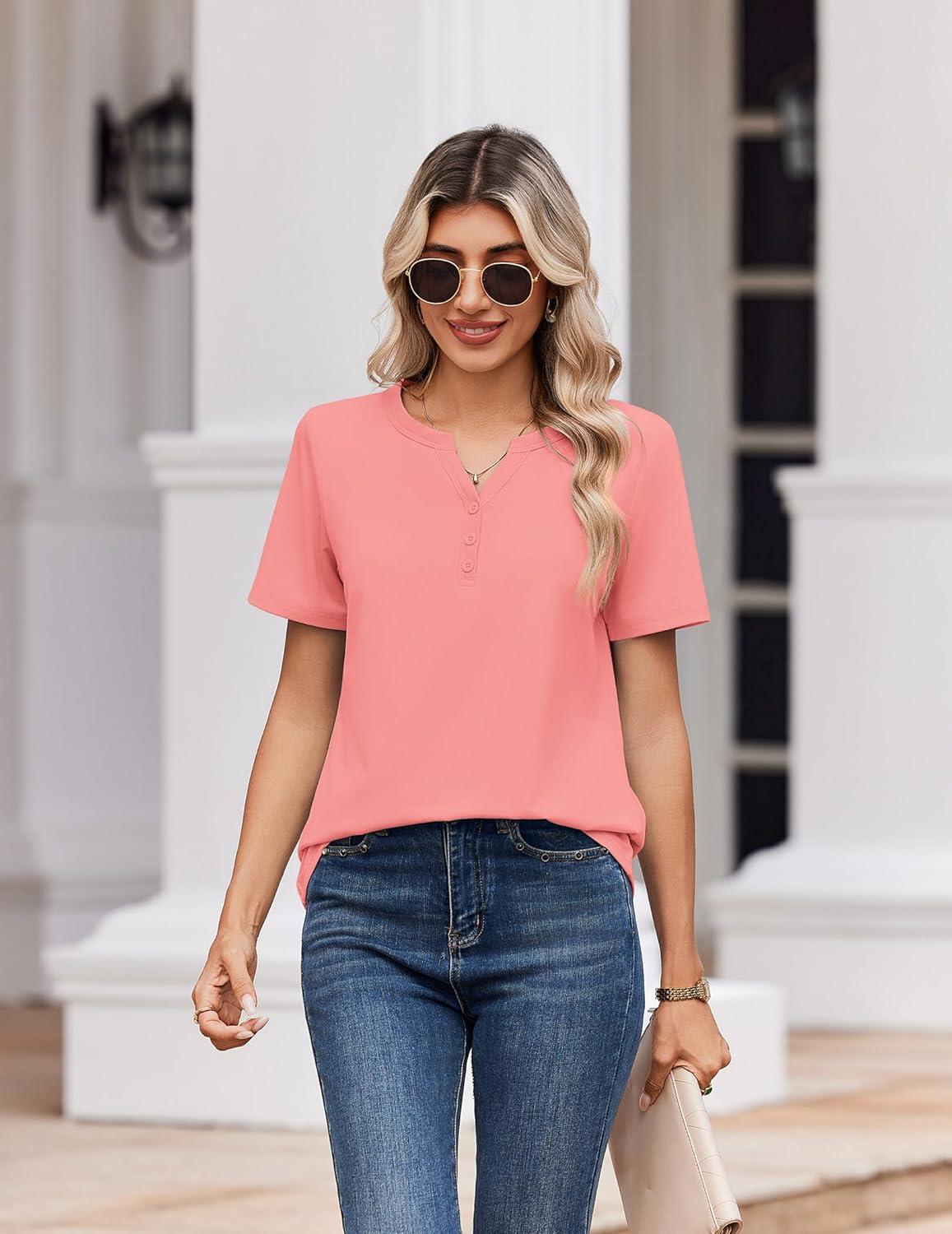 imageZeagoo Womens Summer Tops V Neck Short Sleeve Shirts Dressy Casual Blouse Spring Vacation Tshirts ClothesCoral