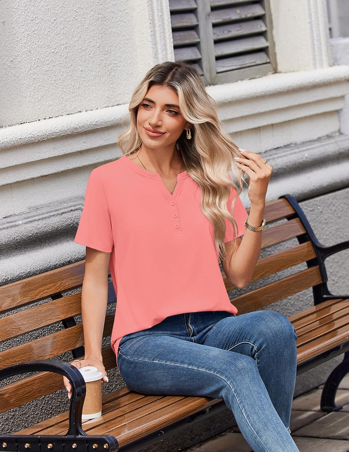 imageZeagoo Womens Summer Tops V Neck Short Sleeve Shirts Dressy Casual Blouse Spring Vacation Tshirts ClothesCoral