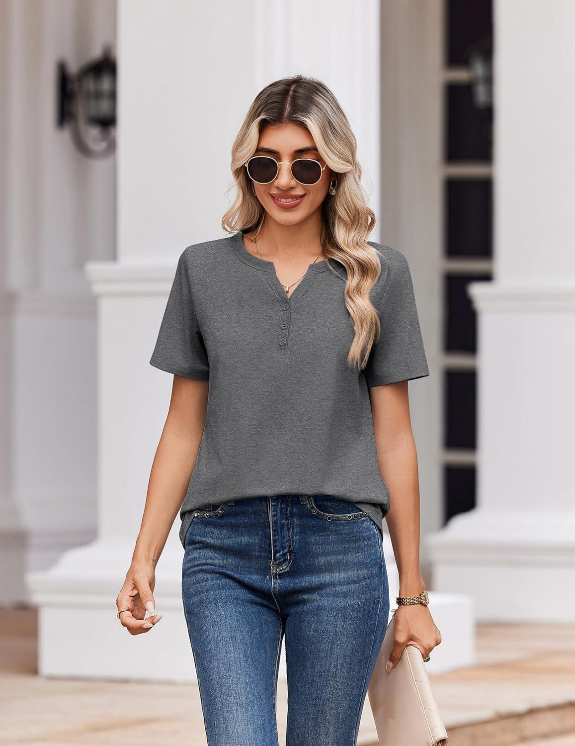 imageZeagoo Womens Summer Tops V Neck Short Sleeve Shirts Dressy Casual Blouse Spring Vacation Tshirts ClothesGrey