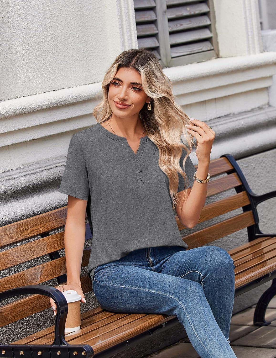 imageZeagoo Womens Summer Tops V Neck Short Sleeve Shirts Dressy Casual Blouse Spring Vacation Tshirts ClothesGrey