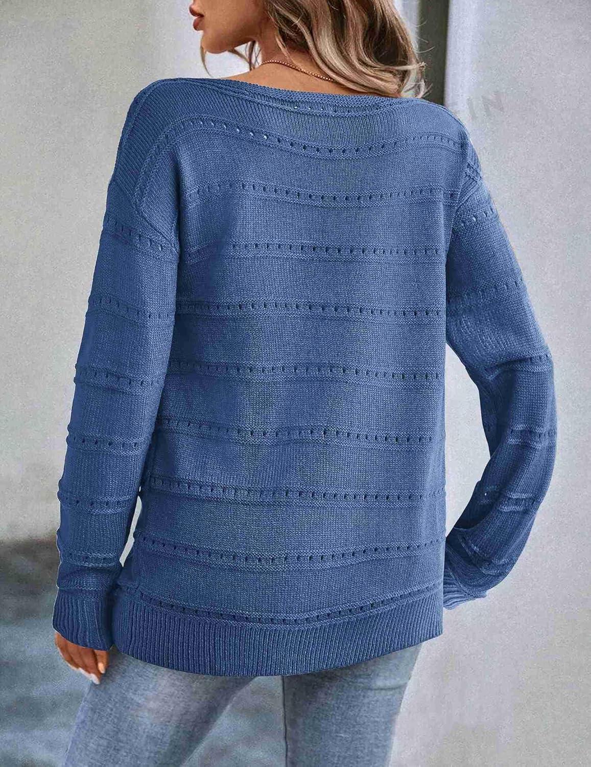 imageZeagoo Womens Sweaters Cute Long Sleeve Off The Shoulder Pullover Tops Hollow Out Crochet Dressy Casual OutfitsAblue