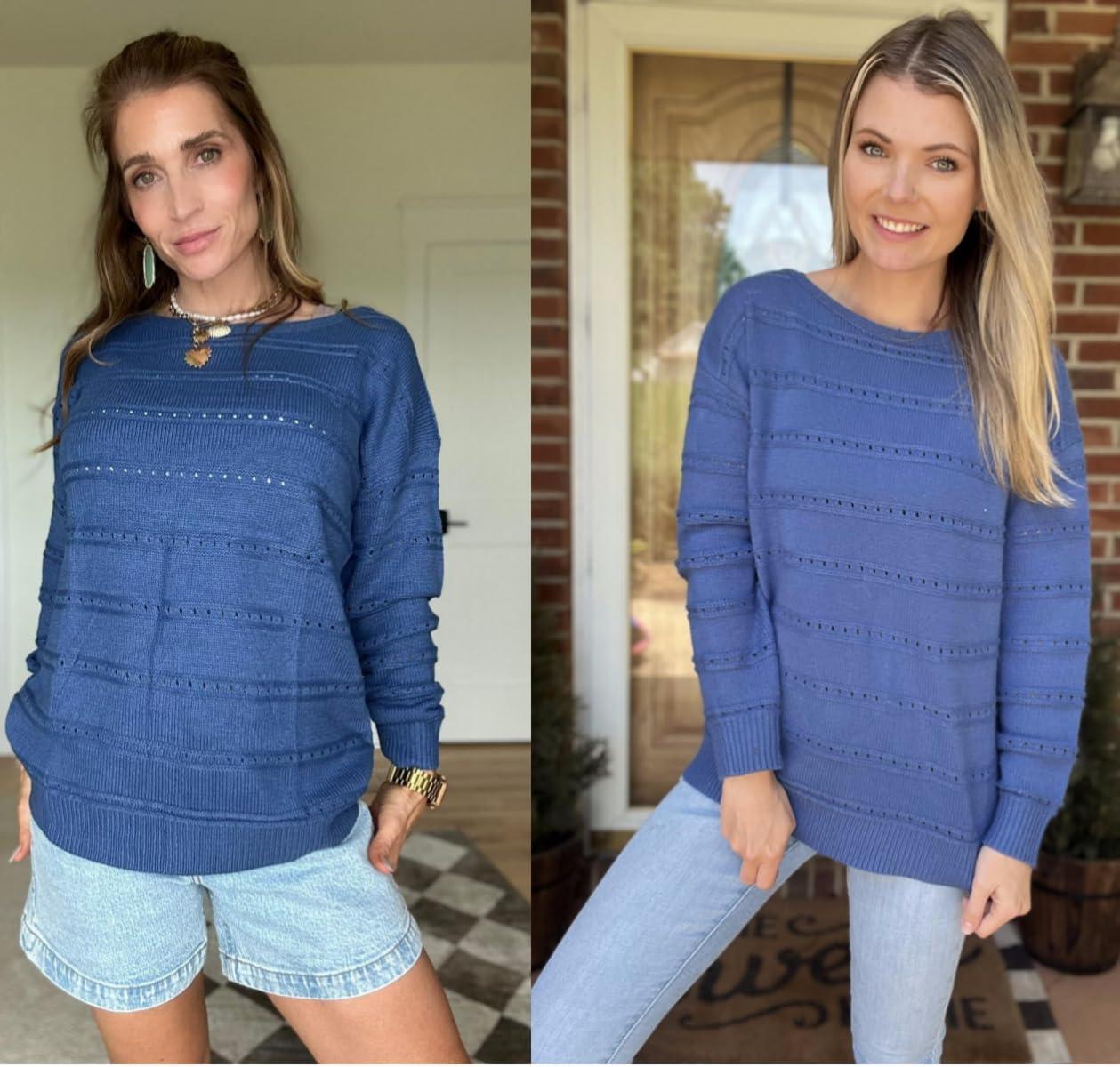 imageZeagoo Womens Sweaters Cute Long Sleeve Off The Shoulder Pullover Tops Hollow Out Crochet Dressy Casual OutfitsAblue
