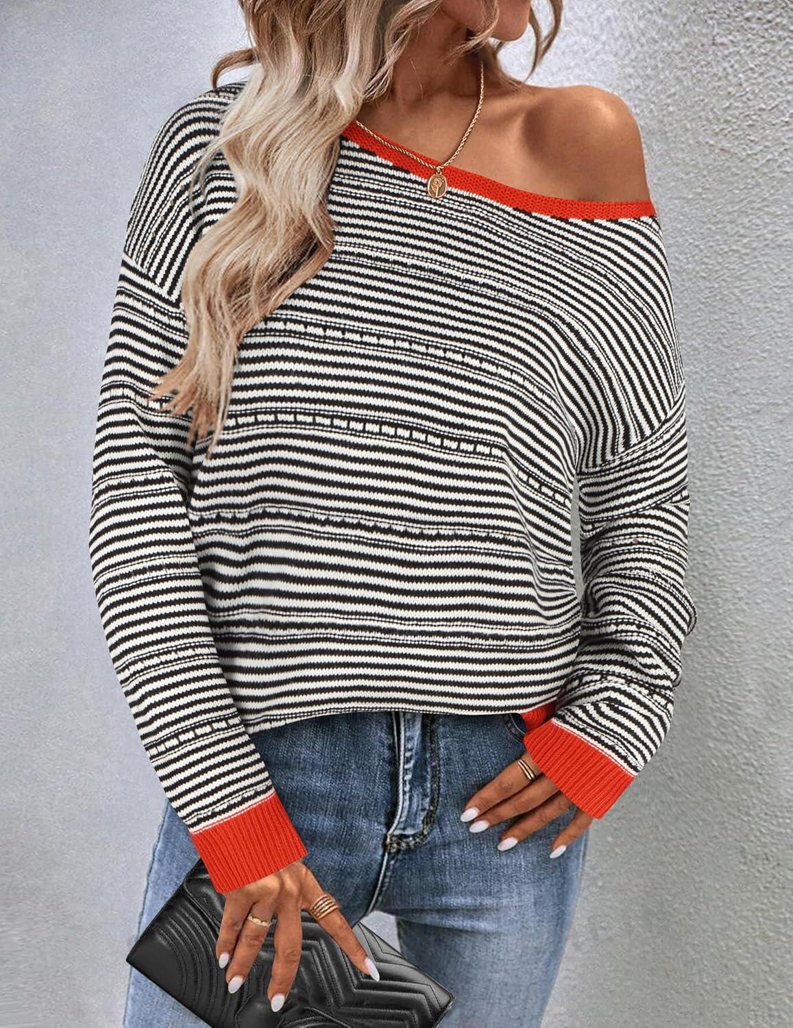 imageZeagoo Womens Sweaters Cute Long Sleeve Off The Shoulder Pullover Tops Hollow Out Crochet Dressy Casual OutfitsBlack Stripe