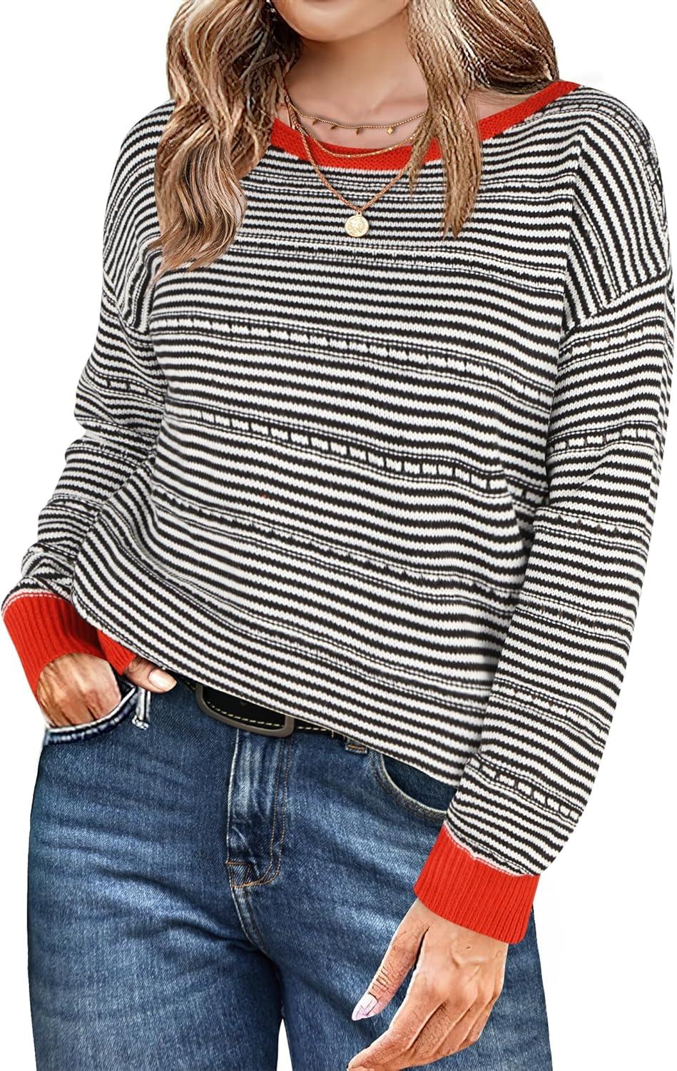 imageZeagoo Womens Sweaters Cute Long Sleeve Off The Shoulder Pullover Tops Hollow Out Crochet Dressy Casual OutfitsBlack Stripe