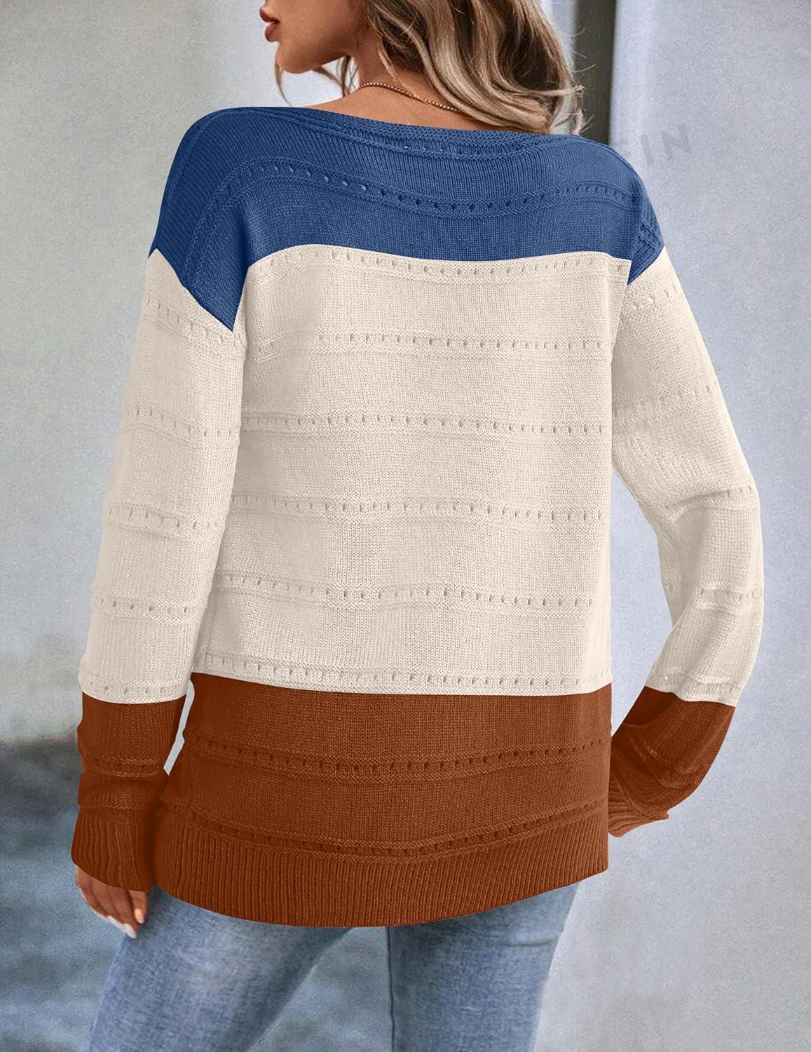 imageZeagoo Womens Sweaters Cute Long Sleeve Off The Shoulder Pullover Tops Hollow Out Crochet Dressy Casual OutfitsColorblock 458