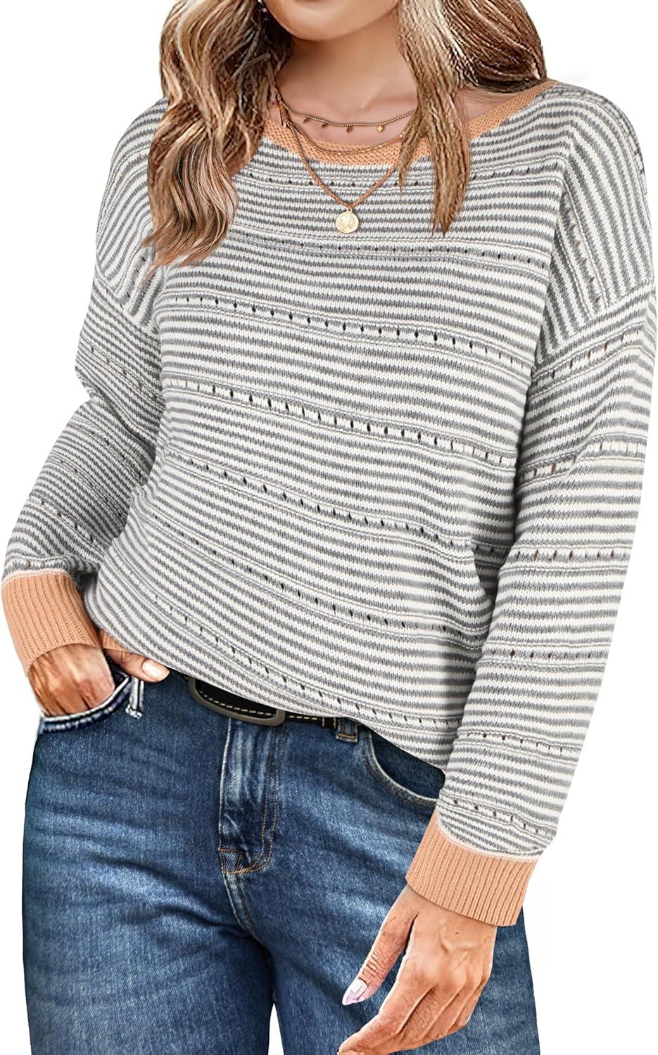 imageZeagoo Womens Sweaters Cute Long Sleeve Off The Shoulder Pullover Tops Hollow Out Crochet Dressy Casual OutfitsGray Stripe