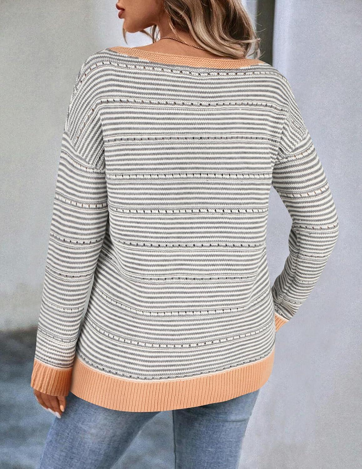 imageZeagoo Womens Sweaters Cute Long Sleeve Off The Shoulder Pullover Tops Hollow Out Crochet Dressy Casual OutfitsGray Stripe