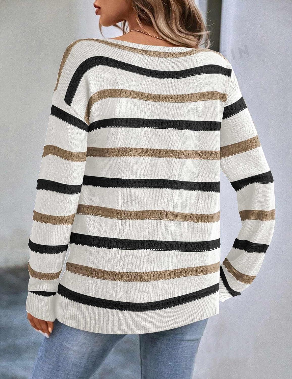 imageZeagoo Womens Sweaters Cute Long Sleeve Off The Shoulder Pullover Tops Hollow Out Crochet Dressy Casual OutfitsStripe 1
