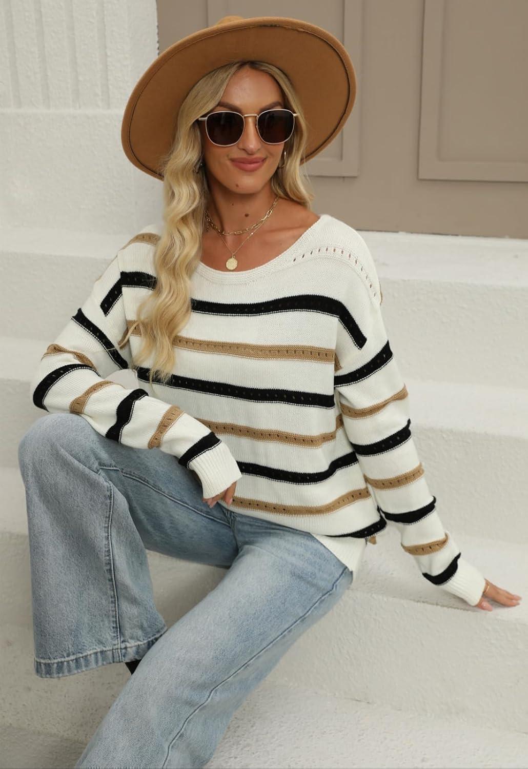 imageZeagoo Womens Sweaters Cute Long Sleeve Off The Shoulder Pullover Tops Hollow Out Crochet Dressy Casual OutfitsStripe 1