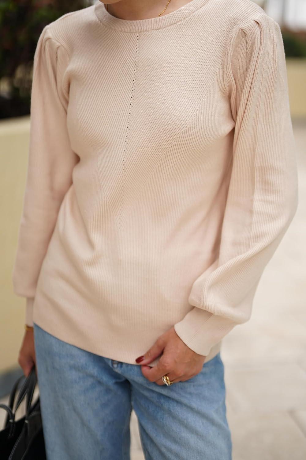imageZeagoo Womens Sweaters Fall 2026 Dressy Casual Long Sleeve Shirts Ribbed Knit Winter Outfits Puff Pullover Jumper TopsA Apricot