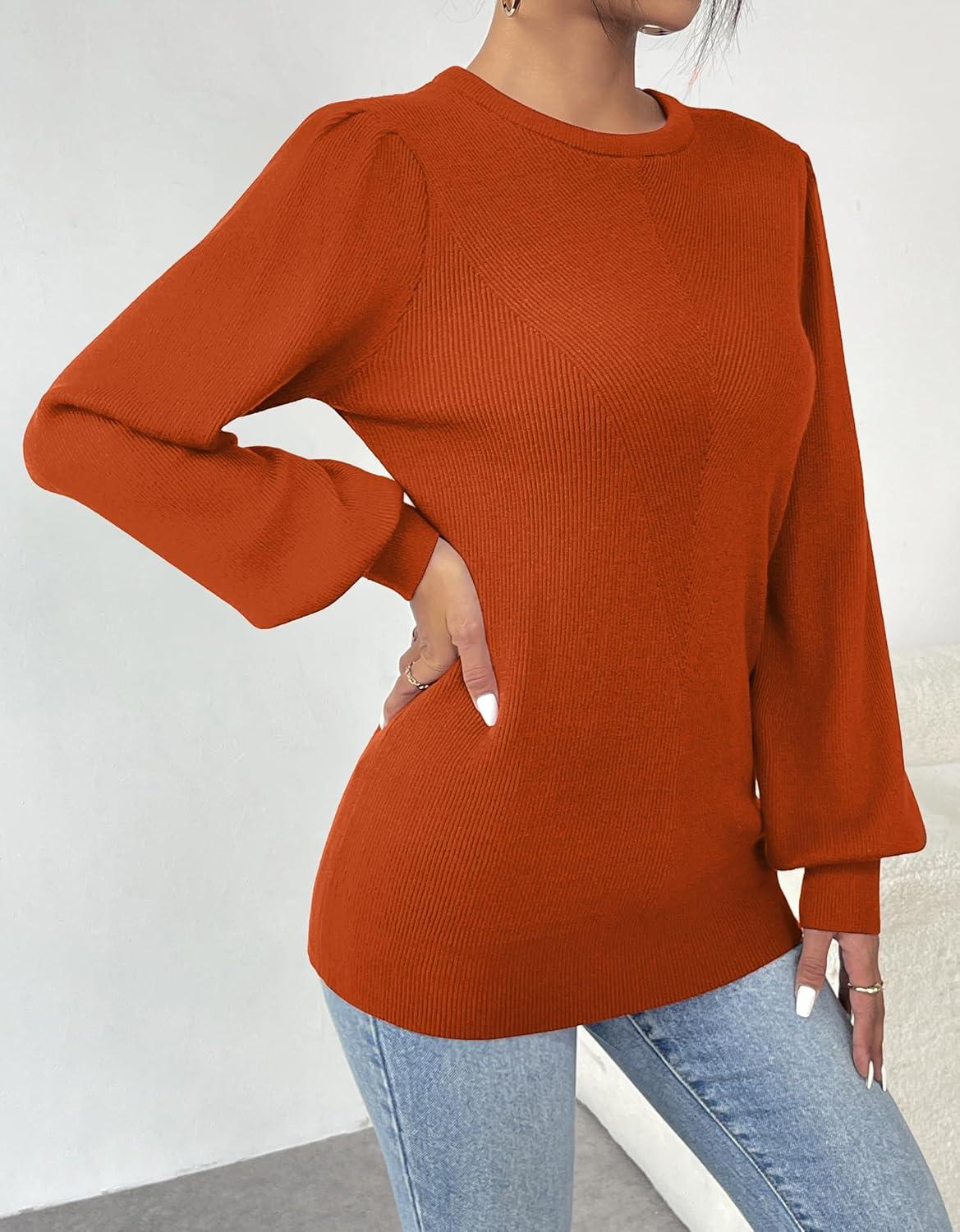 imageZeagoo Womens Sweaters Fall 2026 Dressy Casual Long Sleeve Shirts Ribbed Knit Winter Outfits Puff Pullover Jumper TopsA Brickred