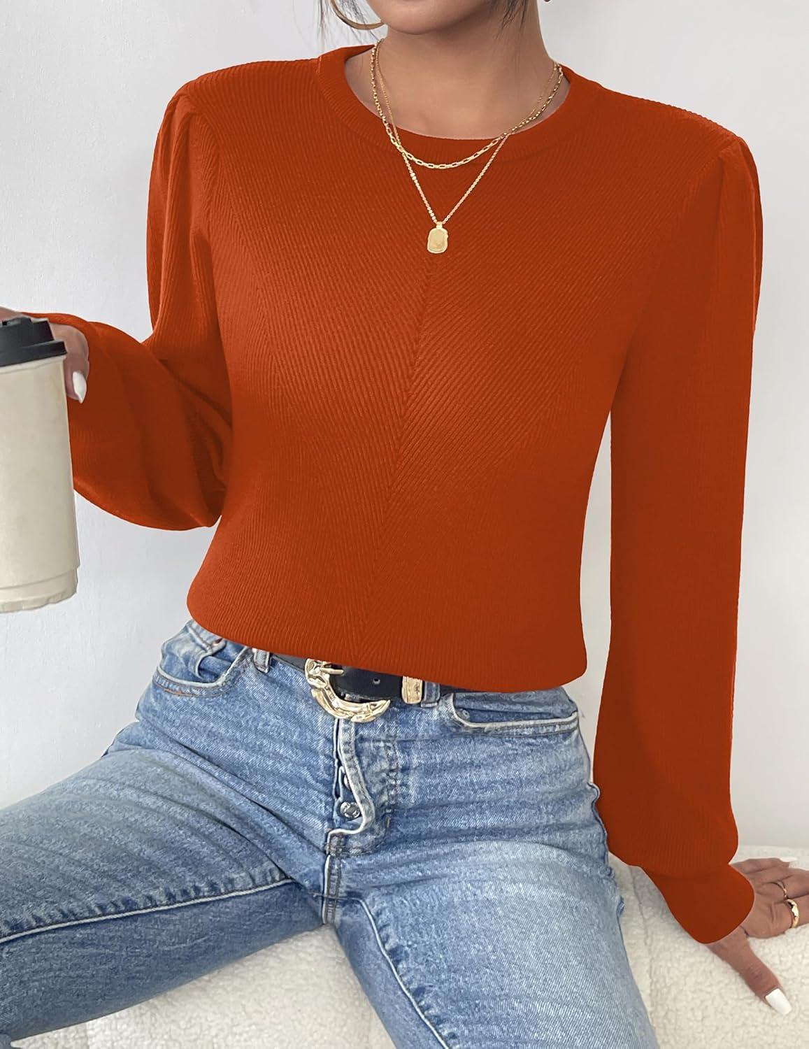 imageZeagoo Womens Sweaters Fall 2026 Dressy Casual Long Sleeve Shirts Ribbed Knit Winter Outfits Puff Pullover Jumper TopsA Brickred