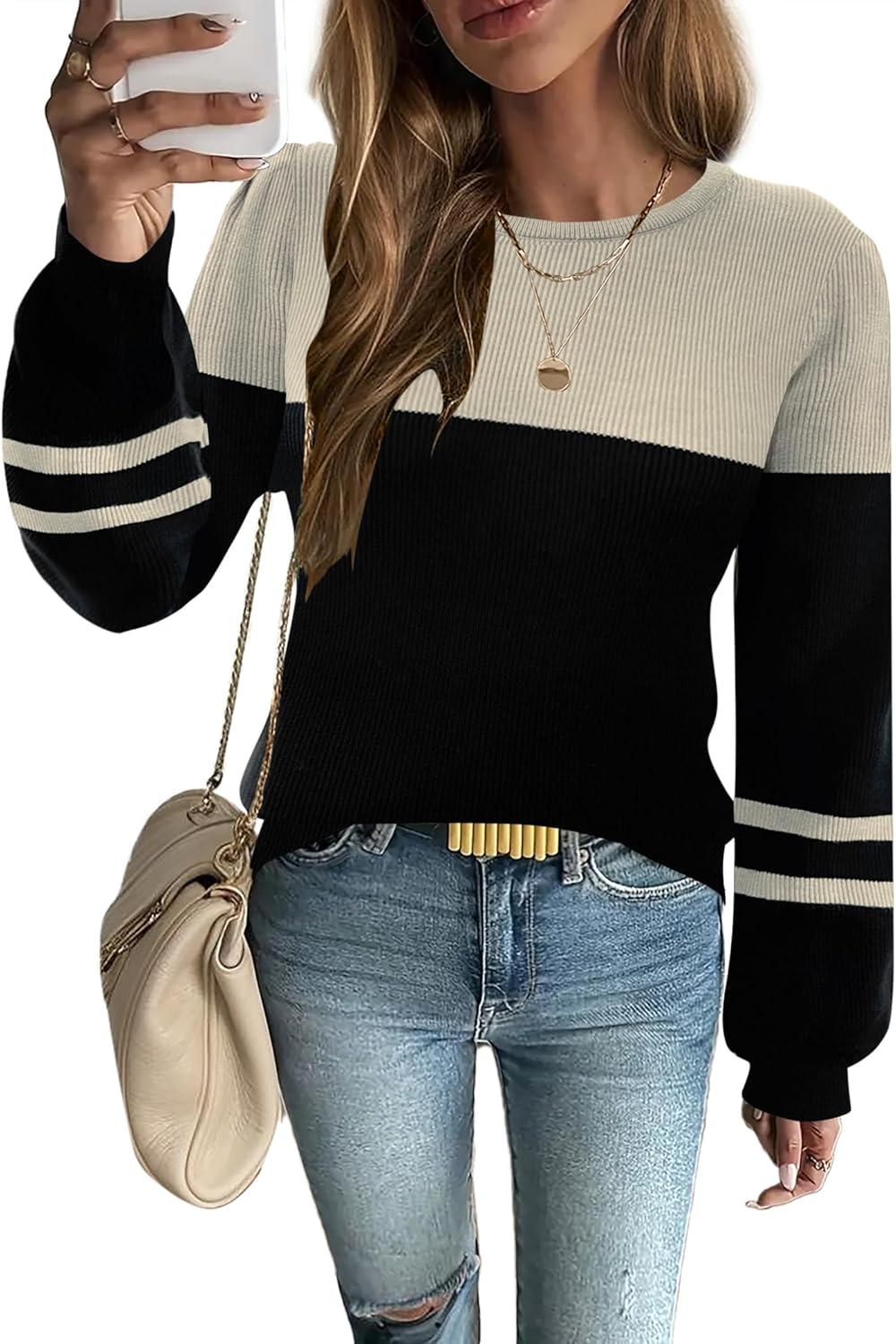 imageZeagoo Womens Sweaters Fall 2026 Dressy Casual Long Sleeve Shirts Ribbed Knit Winter Outfits Puff Pullover Jumper TopsB Apricot Black