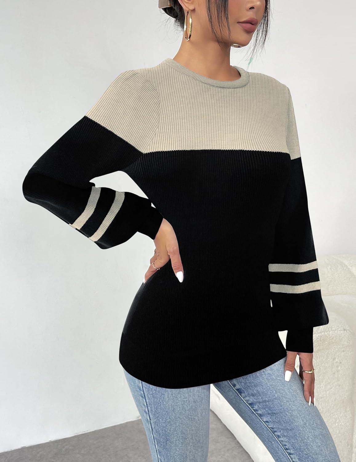 imageZeagoo Womens Sweaters Fall 2026 Dressy Casual Long Sleeve Shirts Ribbed Knit Winter Outfits Puff Pullover Jumper TopsB Apricot Black