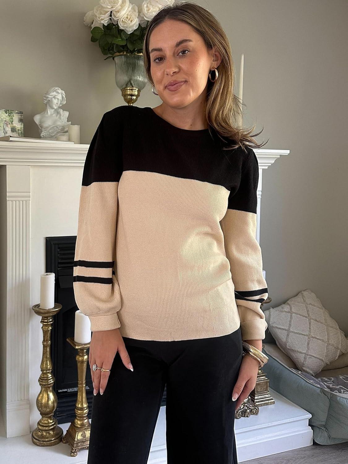 imageZeagoo Womens Sweaters Fall 2026 Dressy Casual Long Sleeve Shirts Ribbed Knit Winter Outfits Puff Pullover Jumper TopsB Black Khaki