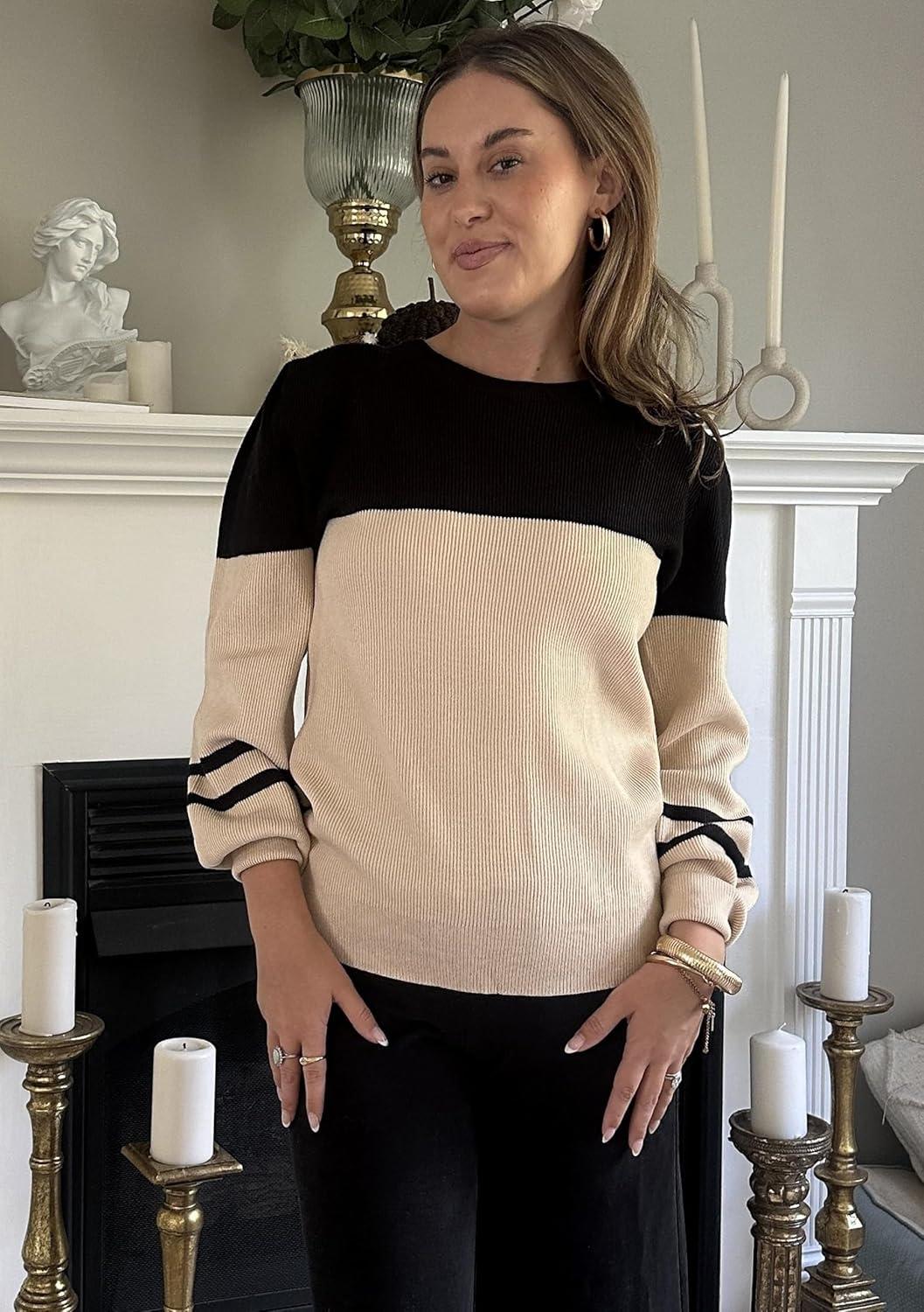 imageZeagoo Womens Sweaters Fall 2026 Dressy Casual Long Sleeve Shirts Ribbed Knit Winter Outfits Puff Pullover Jumper TopsB Black Khaki