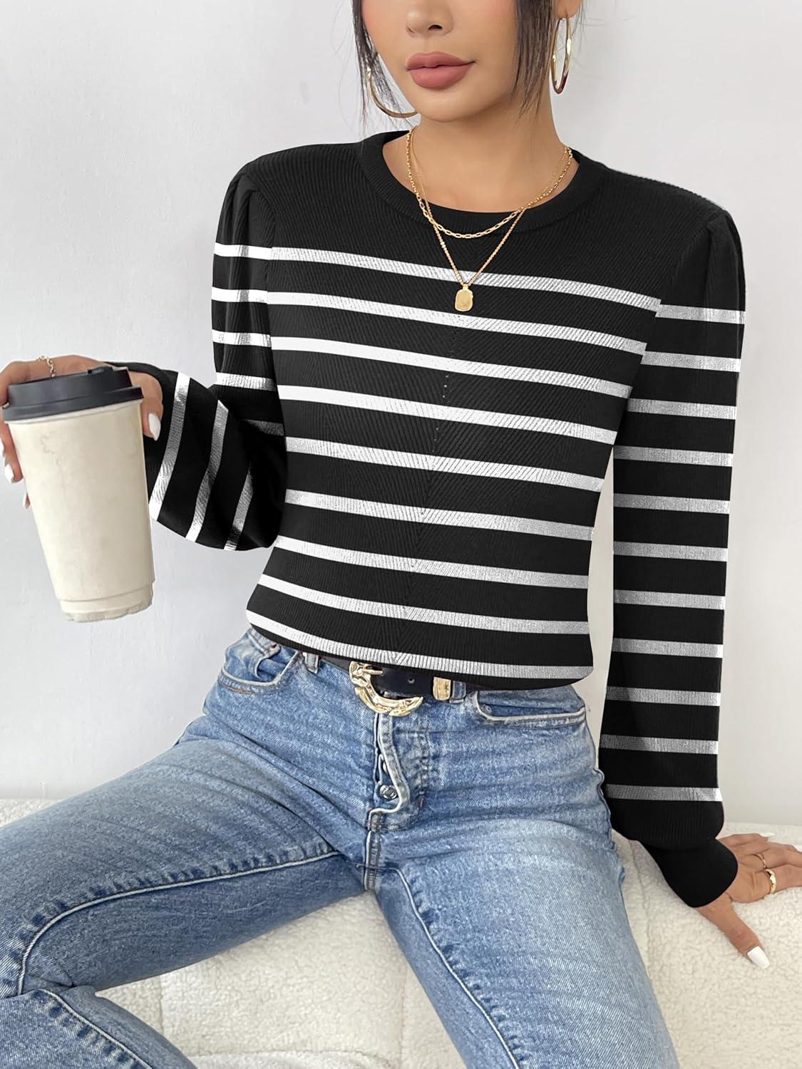 imageZeagoo Womens Sweaters Fall 2026 Dressy Casual Long Sleeve Shirts Ribbed Knit Winter Outfits Puff Pullover Jumper TopsB Black Stripe