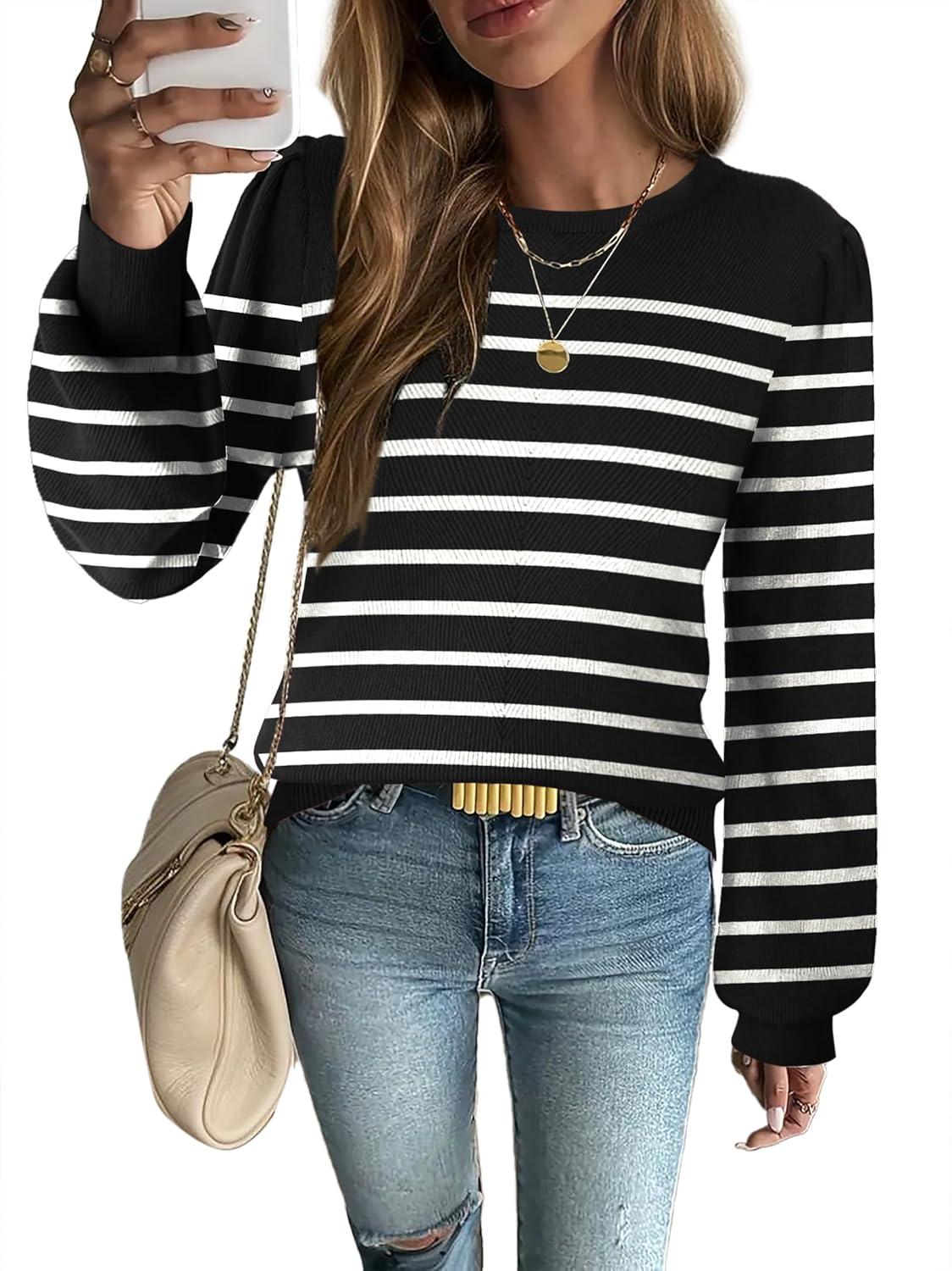 imageZeagoo Womens Sweaters Fall 2026 Dressy Casual Long Sleeve Shirts Ribbed Knit Winter Outfits Puff Pullover Jumper TopsB Black Stripe