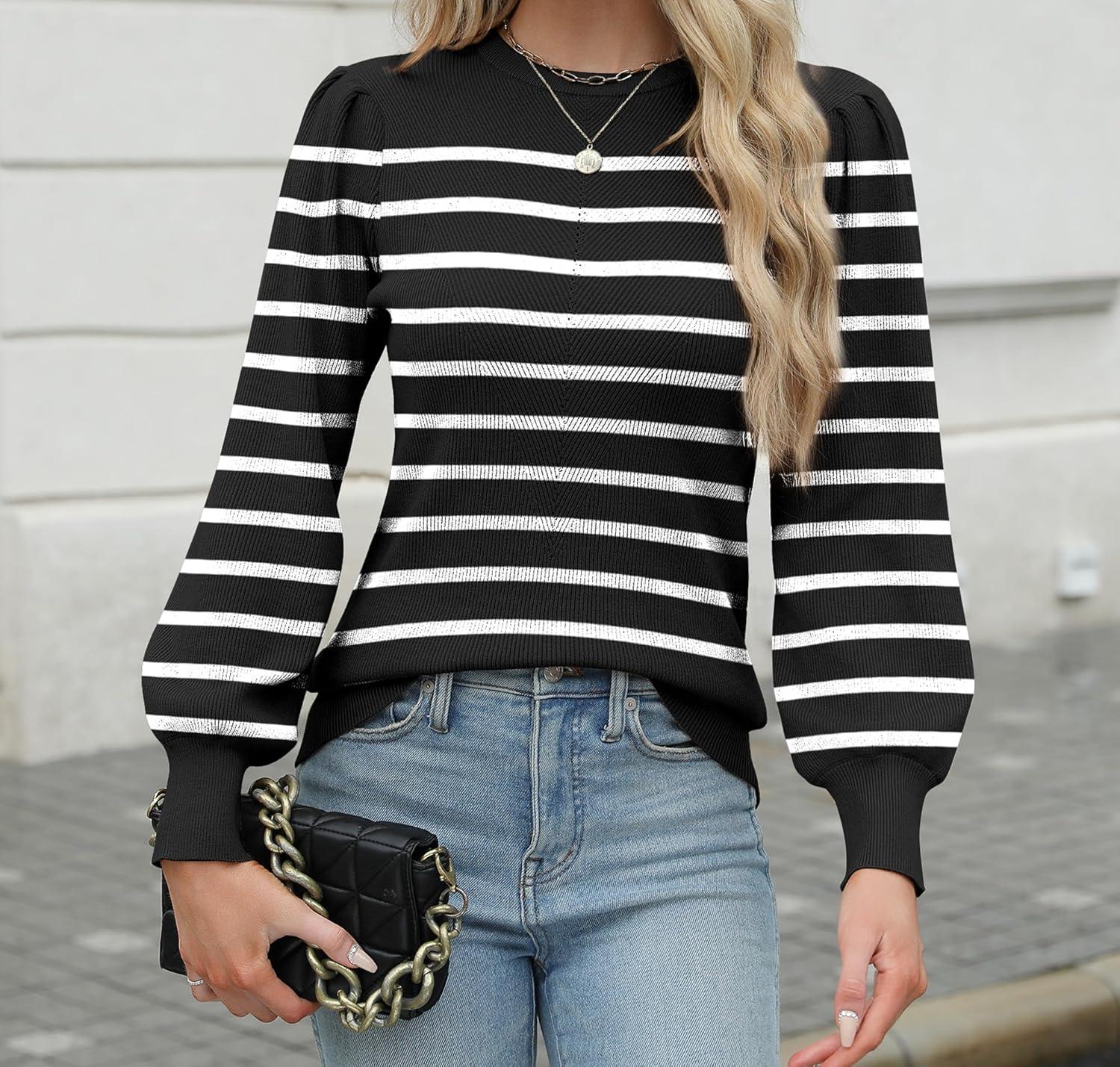 imageZeagoo Womens Sweaters Fall 2026 Dressy Casual Long Sleeve Shirts Ribbed Knit Winter Outfits Puff Pullover Jumper TopsB Black Stripe