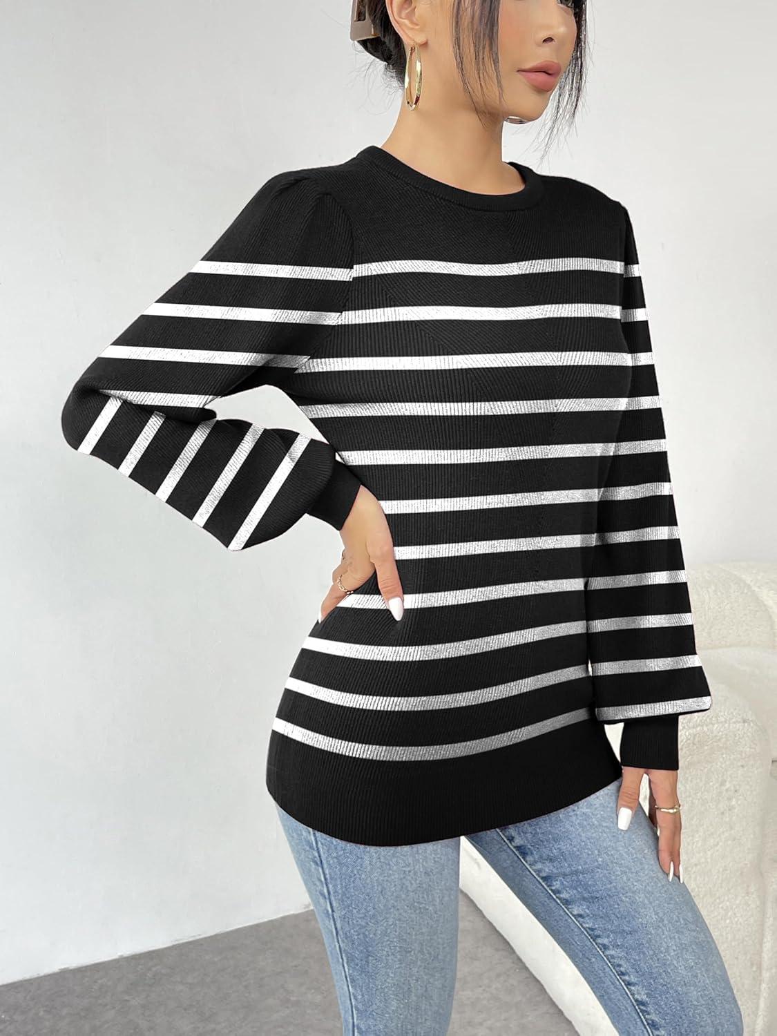 imageZeagoo Womens Sweaters Fall 2026 Dressy Casual Long Sleeve Shirts Ribbed Knit Winter Outfits Puff Pullover Jumper TopsB Black Stripe