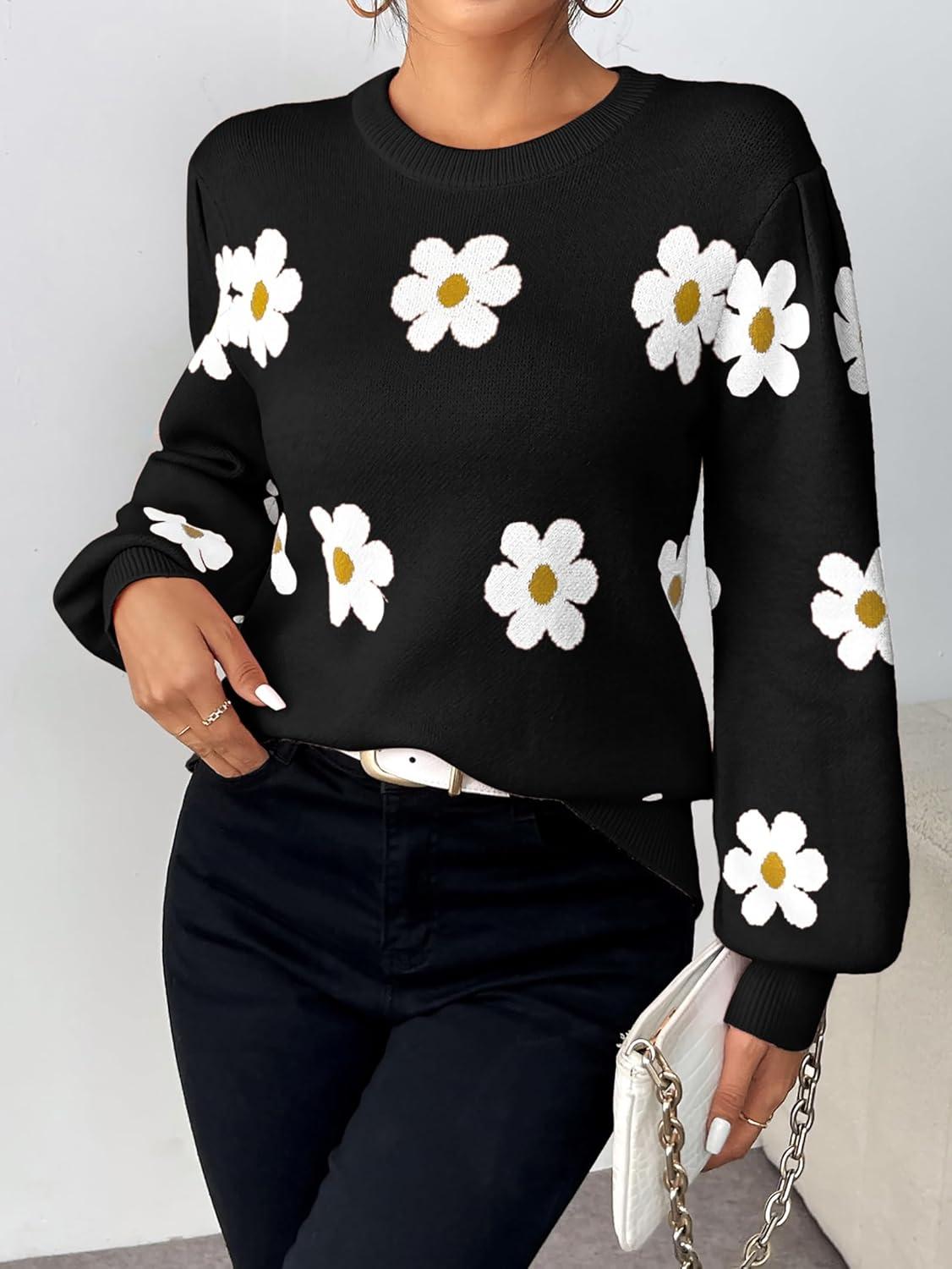 imageZeagoo Womens Sweaters Fall 2026 Dressy Casual Long Sleeve Shirts Ribbed Knit Winter Outfits Puff Pullover Jumper TopsB Floral Black