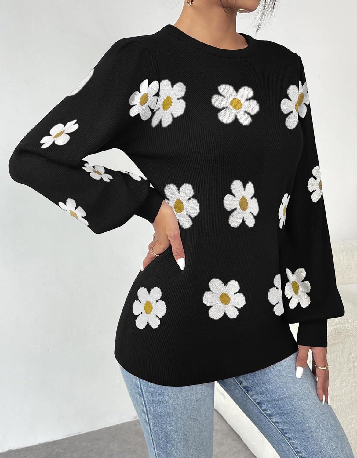 imageZeagoo Womens Sweaters Fall 2026 Dressy Casual Long Sleeve Shirts Ribbed Knit Winter Outfits Puff Pullover Jumper TopsB Floral Black