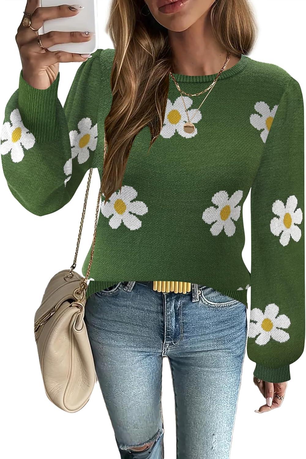 imageZeagoo Womens Sweaters Fall 2026 Dressy Casual Long Sleeve Shirts Ribbed Knit Winter Outfits Puff Pullover Jumper TopsB Floral Green