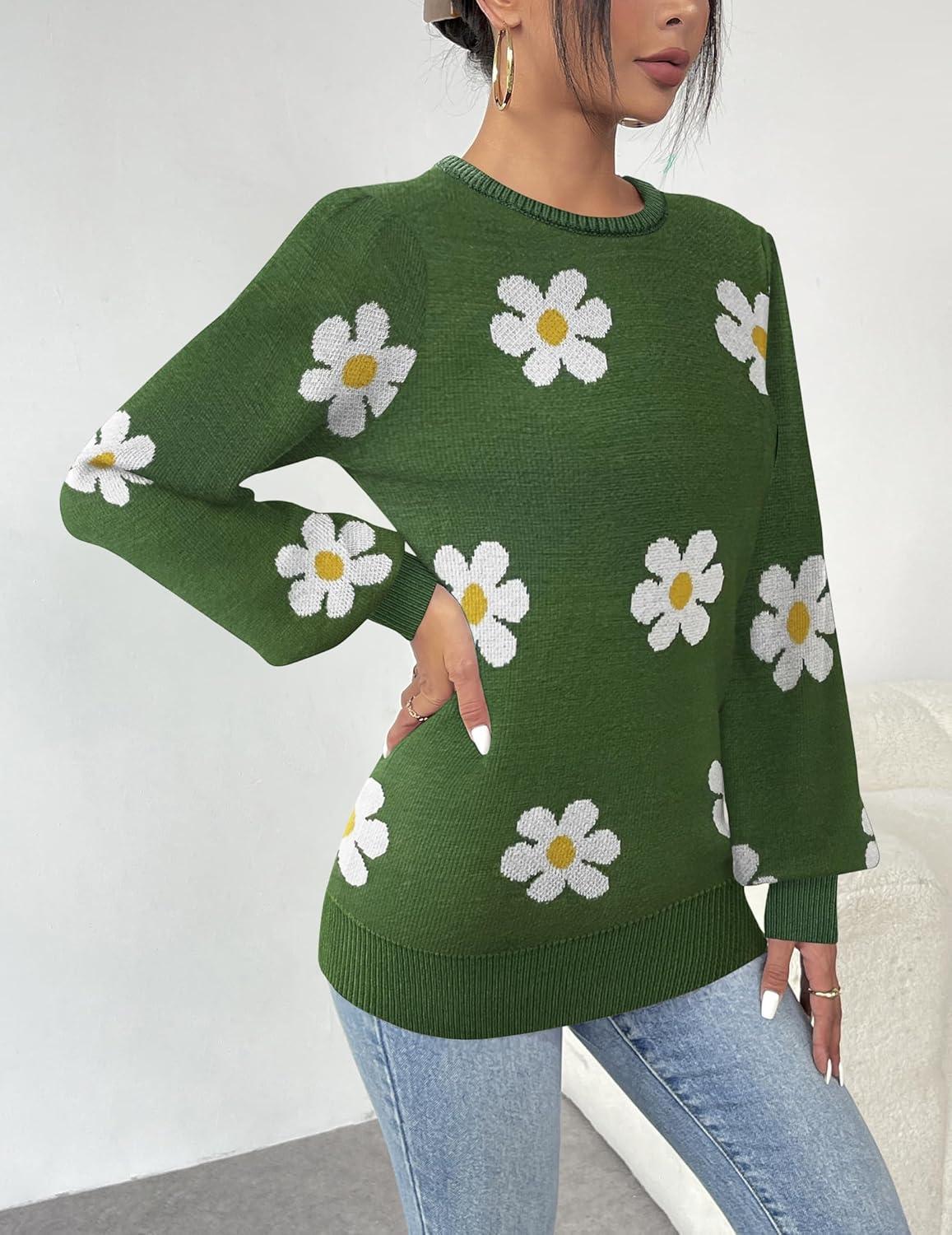 imageZeagoo Womens Sweaters Fall 2026 Dressy Casual Long Sleeve Shirts Ribbed Knit Winter Outfits Puff Pullover Jumper TopsB Floral Green