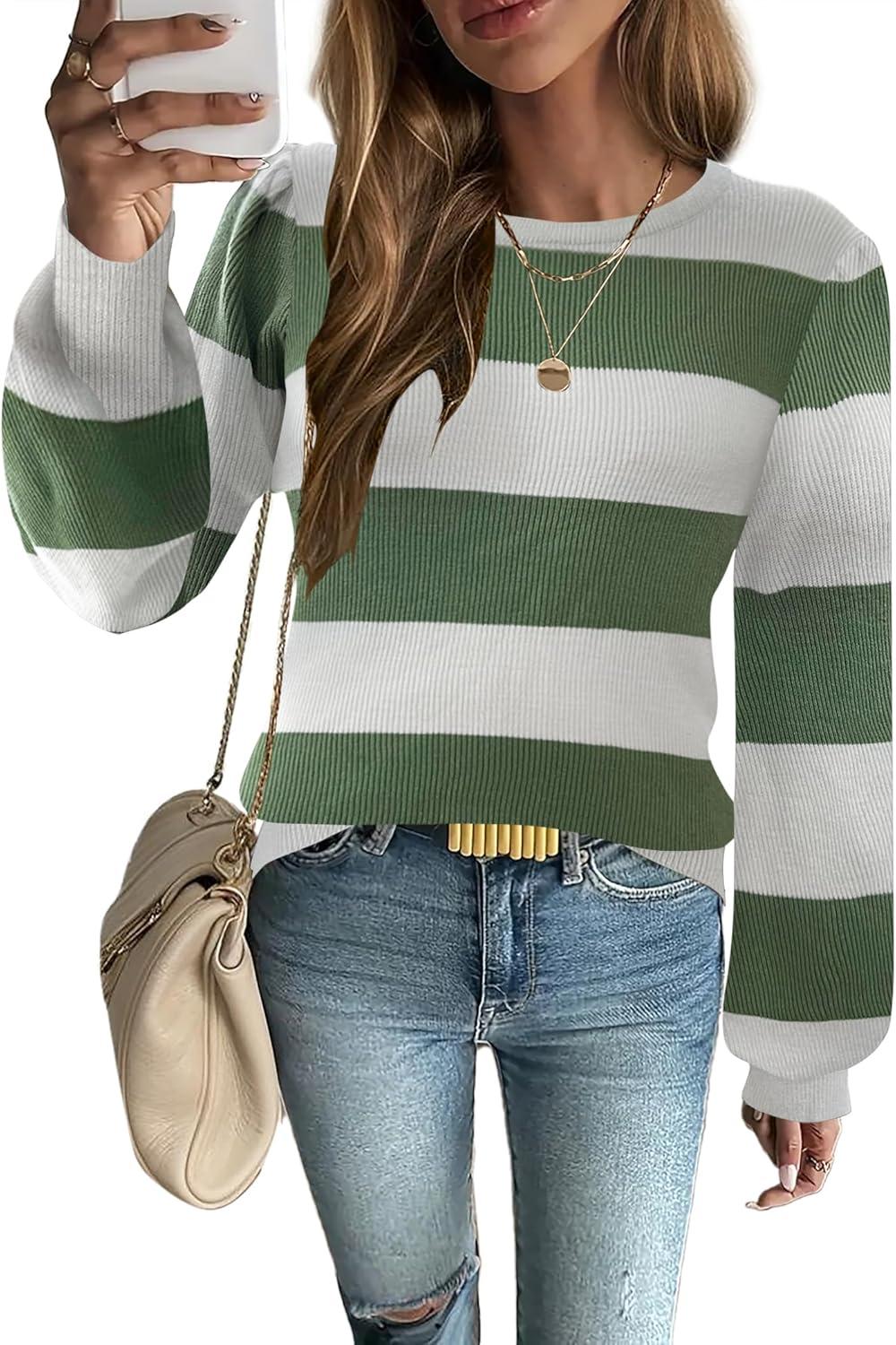 imageZeagoo Womens Sweaters Fall 2026 Dressy Casual Long Sleeve Shirts Ribbed Knit Winter Outfits Puff Pullover Jumper TopsB White Green