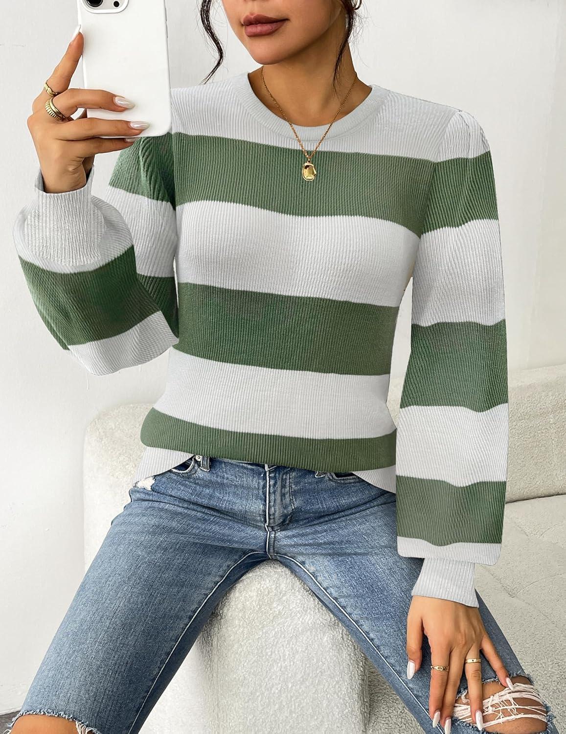 imageZeagoo Womens Sweaters Fall 2026 Dressy Casual Long Sleeve Shirts Ribbed Knit Winter Outfits Puff Pullover Jumper TopsB White Green