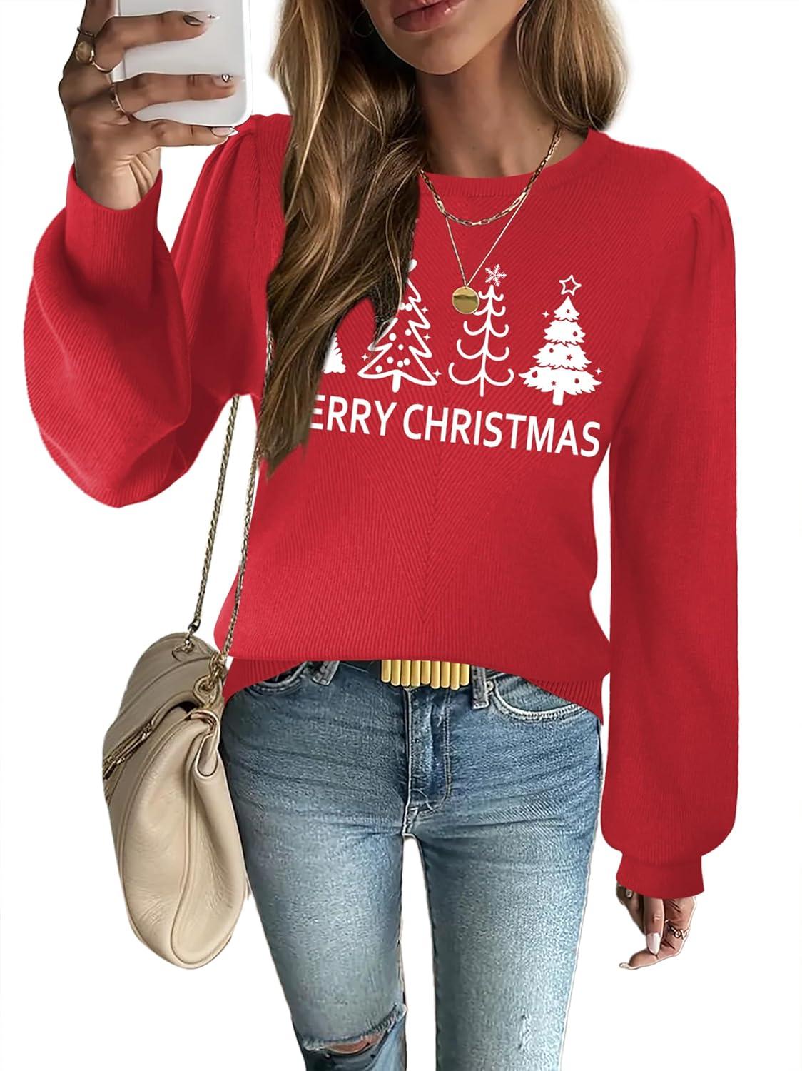 imageZeagoo Womens Sweaters Fall 2026 Dressy Casual Long Sleeve Shirts Ribbed Knit Winter Outfits Puff Pullover Jumper TopsChristmas Tree Red