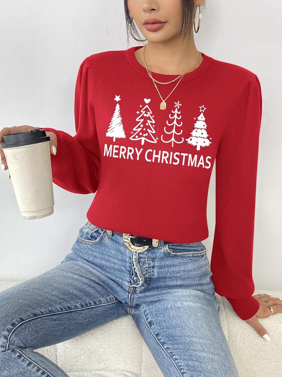 imageZeagoo Womens Sweaters Fall 2026 Dressy Casual Long Sleeve Shirts Ribbed Knit Winter Outfits Puff Pullover Jumper TopsChristmas Tree Red