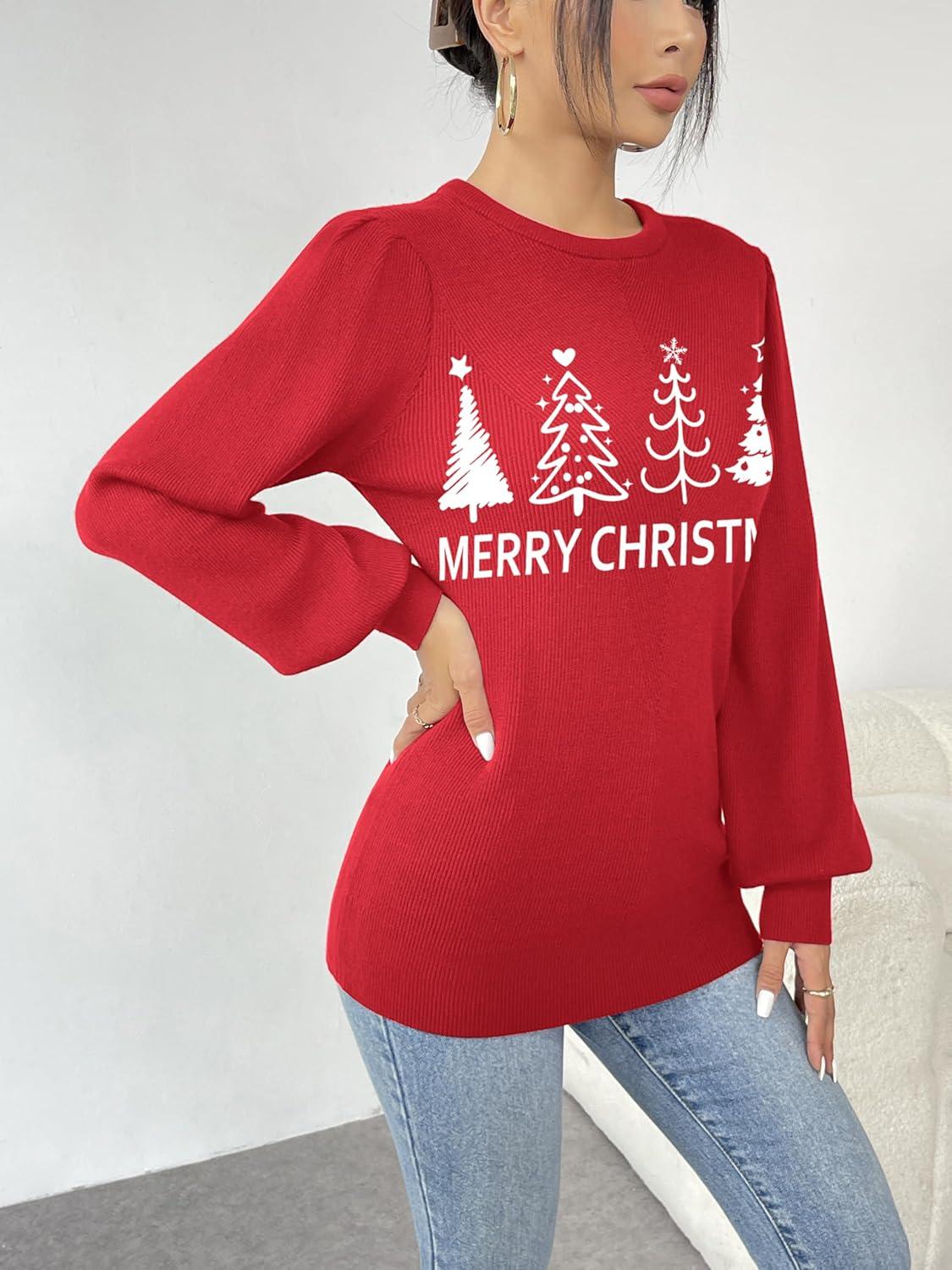 imageZeagoo Womens Sweaters Fall 2026 Dressy Casual Long Sleeve Shirts Ribbed Knit Winter Outfits Puff Pullover Jumper TopsChristmas Tree Red